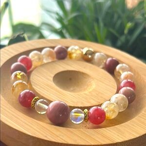 Handmade Rhodonite + Citrine + Strawberry Quartz + Aura Quartz Beaded Bracelet